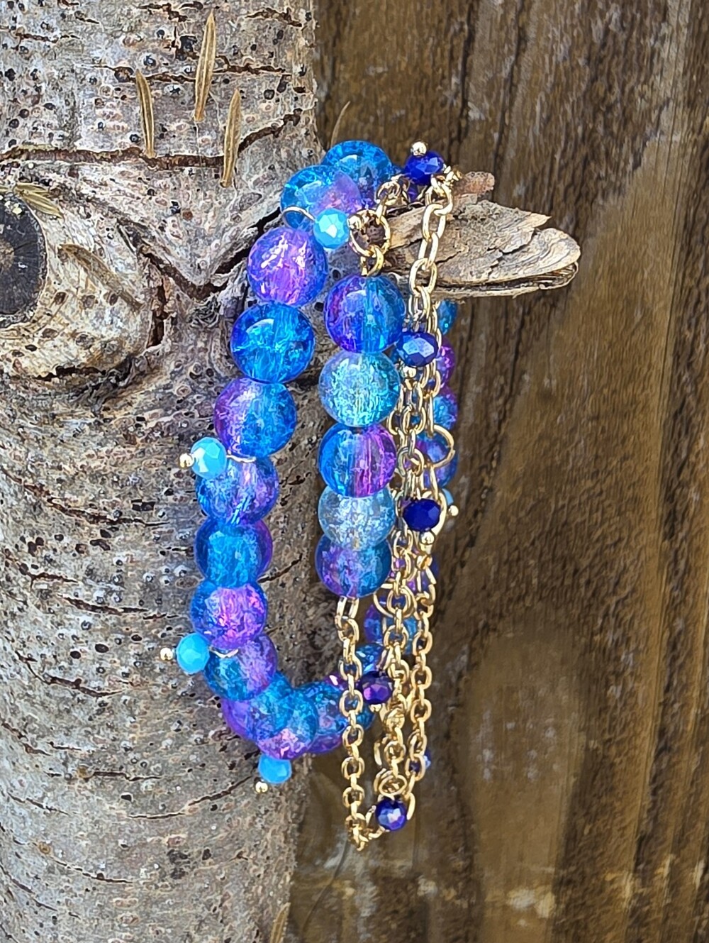3-Piece Glass & Stainless Steel Bracelet Stack – Blue & Purple Cosmic Vibes